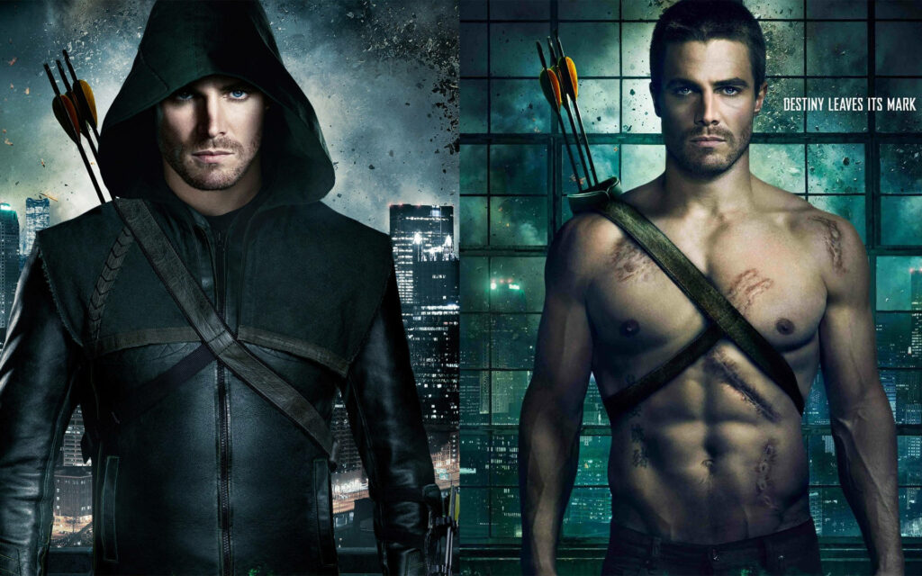 Dynamic Green Arrow Wallpaper: Iconic Hooded & Gritty Shirtless Look