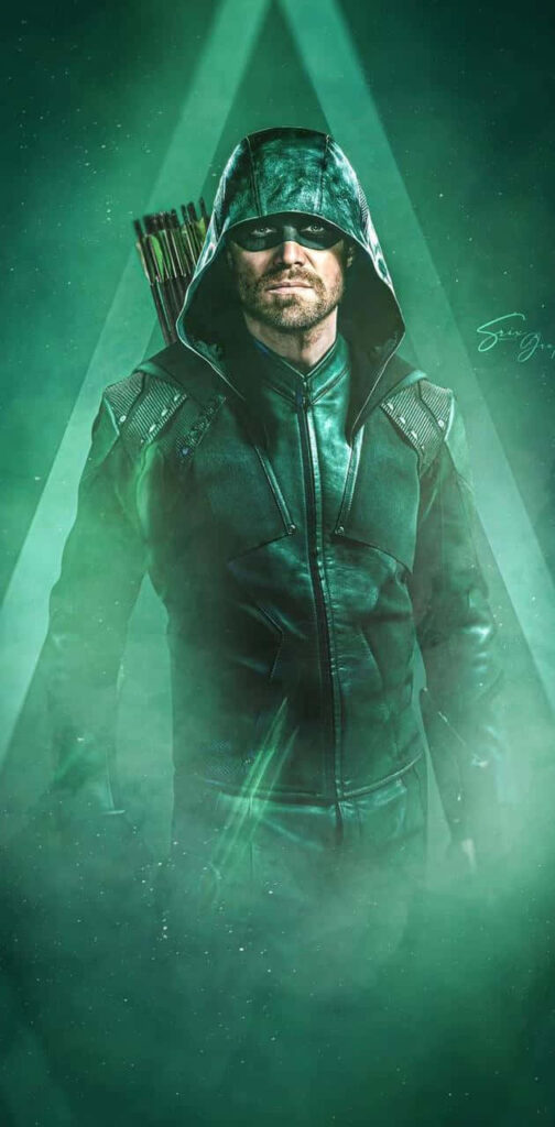 Dynamic Green Arrow Wallpaper: Heroic Archer in Iconic Hoodie Glow