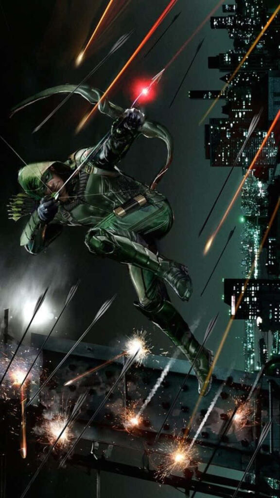 Dynamic Green Arrow Wallpaper: Iconic Superhero in Night Action