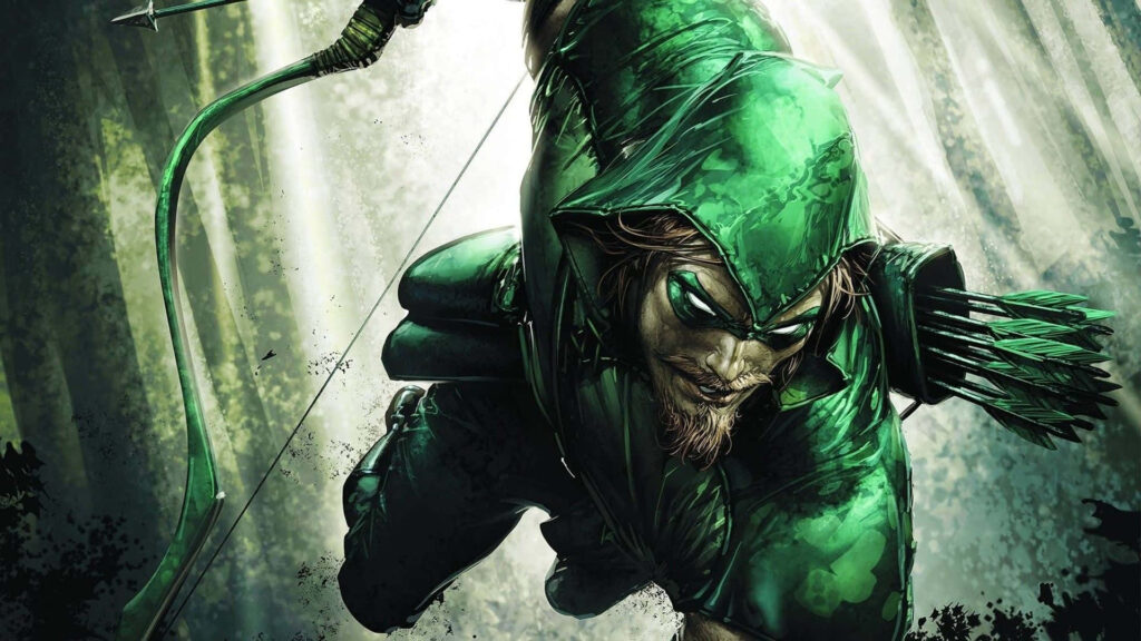 Green Arrow Wallpaper: Iconic Hero in Forest Background