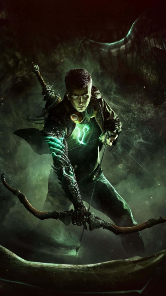Dynamic Green Arrow iPhone Wallpaper: Iconic Archer in Misty Background