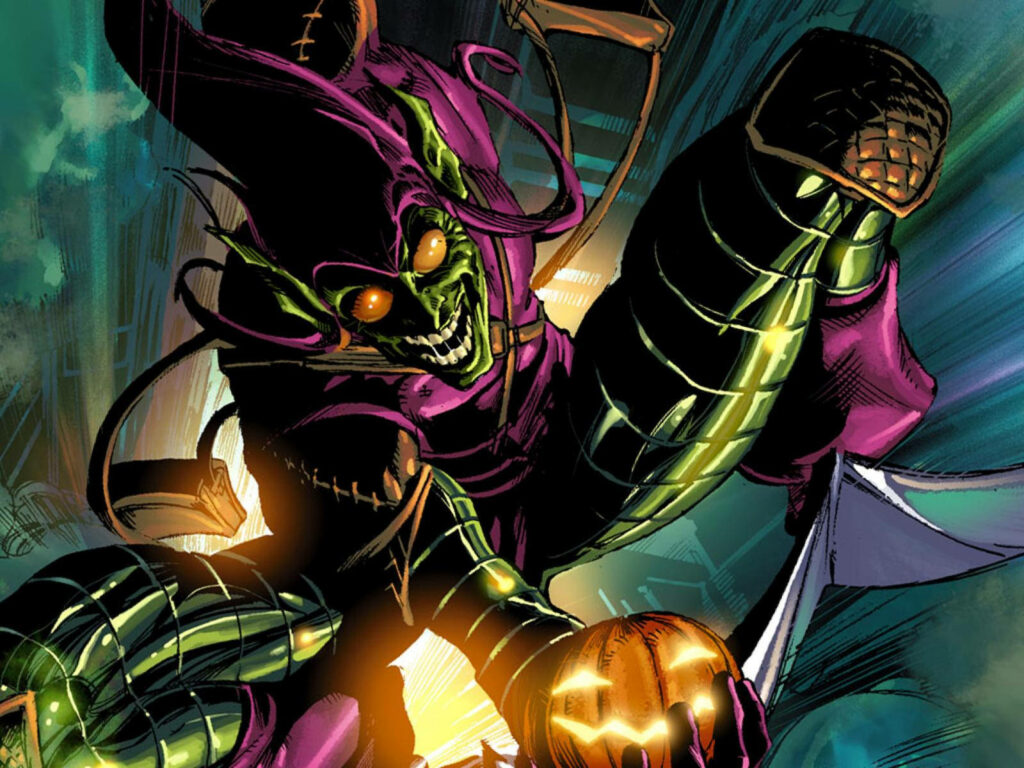 Dynamic Green Goblin Wallpaper: Iconic Suit & Glowing Pumpkin Bomb