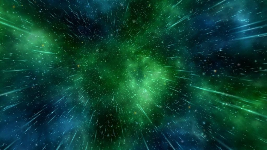 Dynamic green space live wallpaper with hyperspace warp-speed star trails and cosmic nebulae