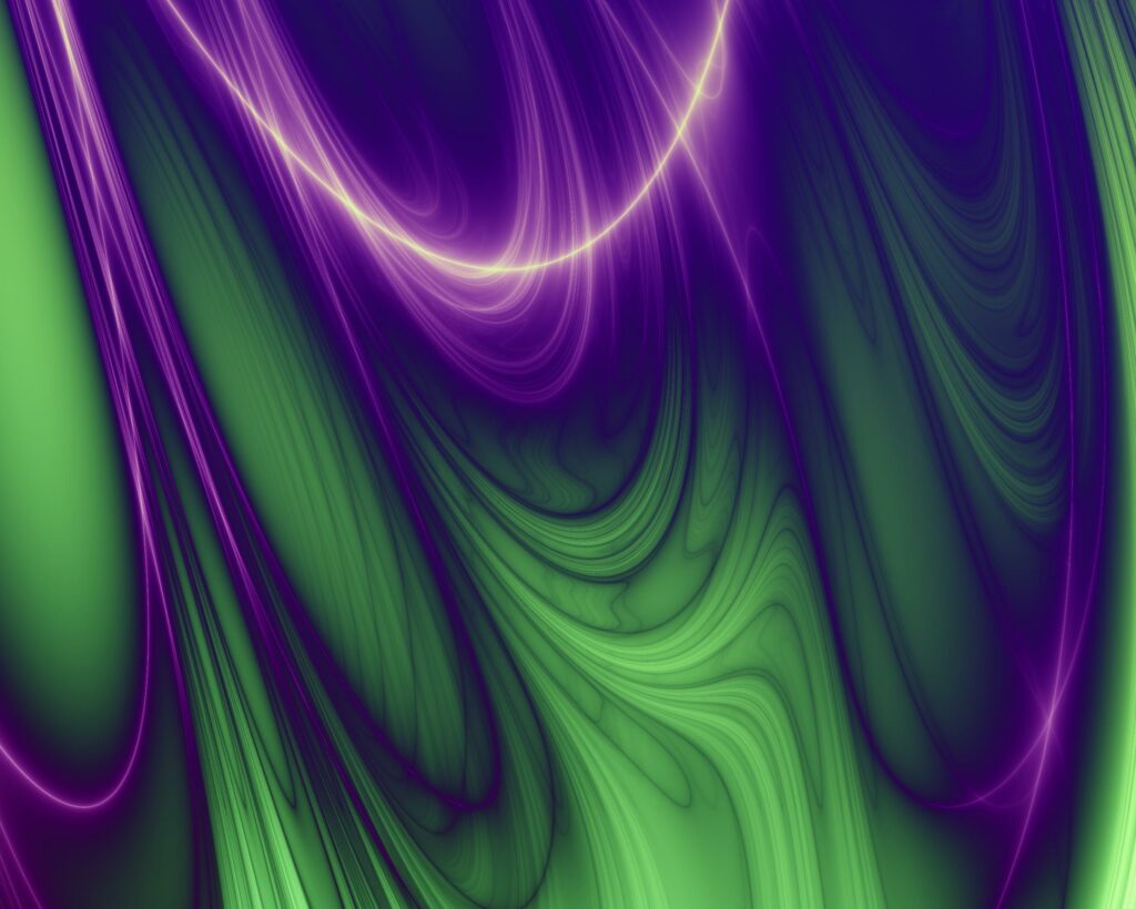 Dynamic Green & Purple Abstract Wallpaper with Flowing Wavy Lines