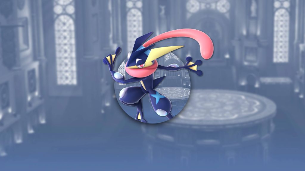 Dynamic 3D Greninja Pokémon wallpaper with blue lighting in elegant blurred hall background