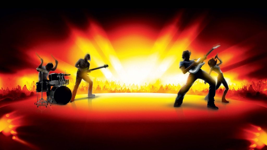 Guitar Hero wallpaper four-piece rock band live stage yellow red lights crowd energy CGI