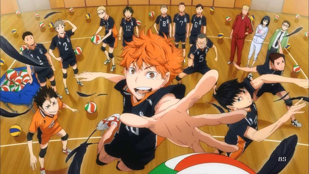 Haikyu anime wallpaper Shoyo Hinata and Karasuno volleyball team intense gym practice scene