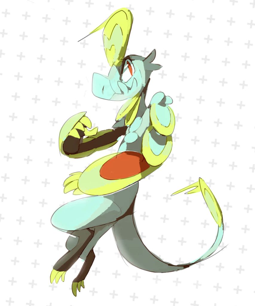 Digital art of Dragon Pokémon Hakamo-o with teal body lime scales red markings on white background Wallpaper