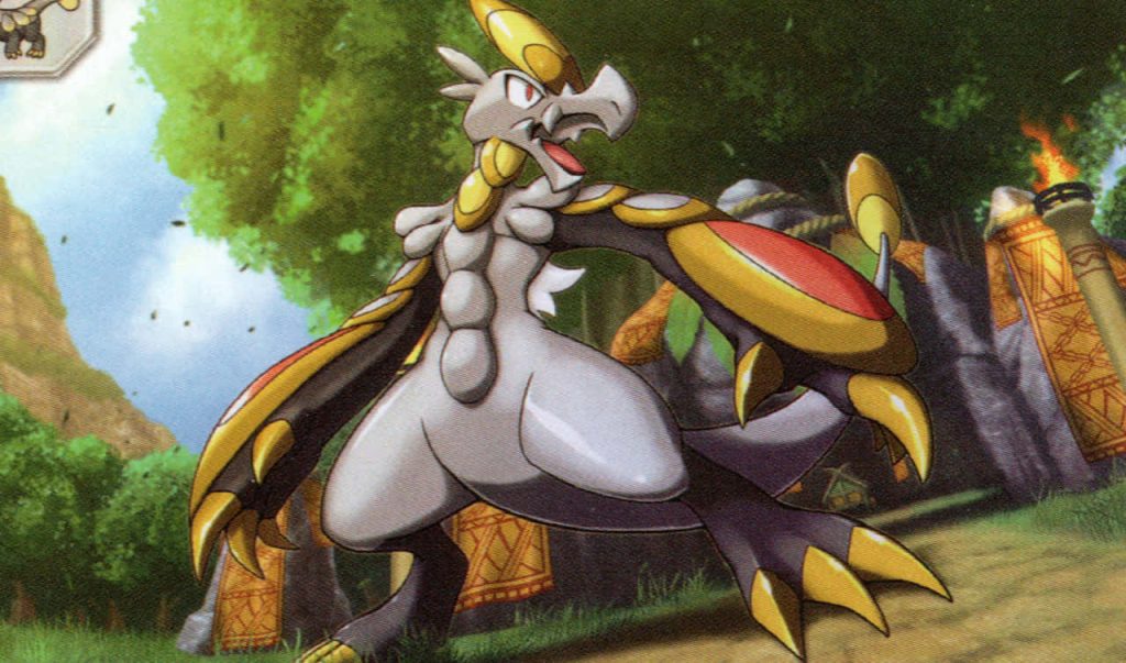 Hakamo-o Pokémon wallpaper dynamic pose golden crest red scales ancient forest background