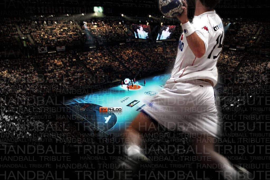 Handball player mid-air jump shot in vibrant indoor arena intense professional sports wallpaper