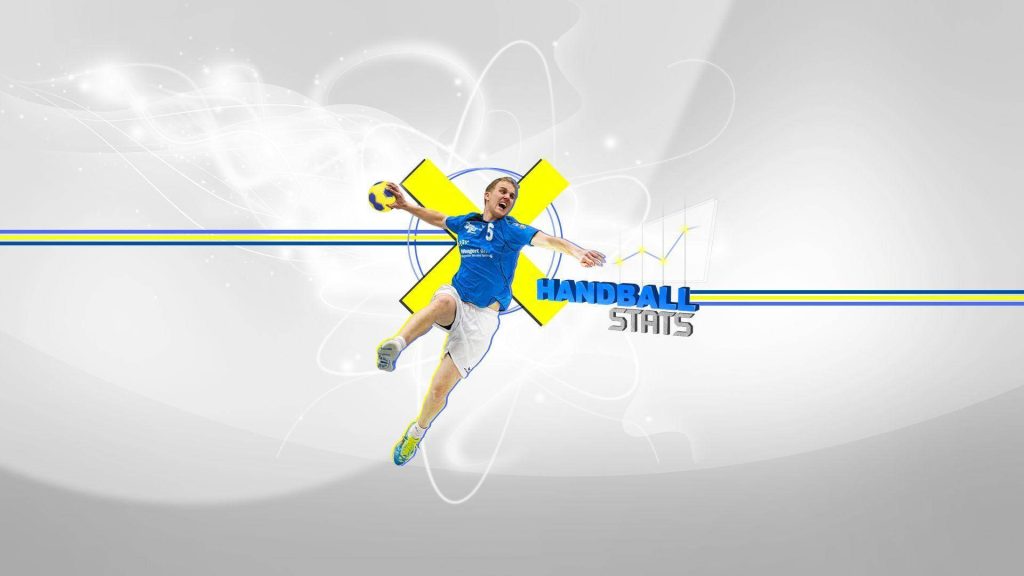 Handball player mid-air jump shot digital art with yellow X and blue lines sports wallpaper