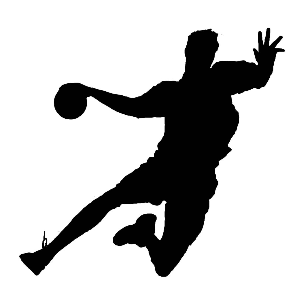 Black silhouette of handball player mid-air shooting on white background minimalist wallpaper