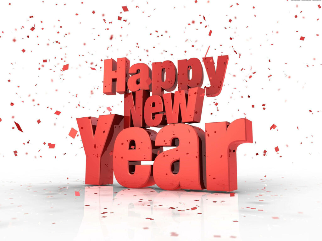 Festive 3D Happy New Year Wallpaper with Confetti on White Background