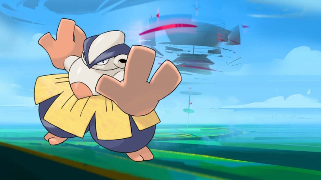 Fighting-type Pokémon Hariyama in intense battle stance on vibrant Raid Gym wallpaper background