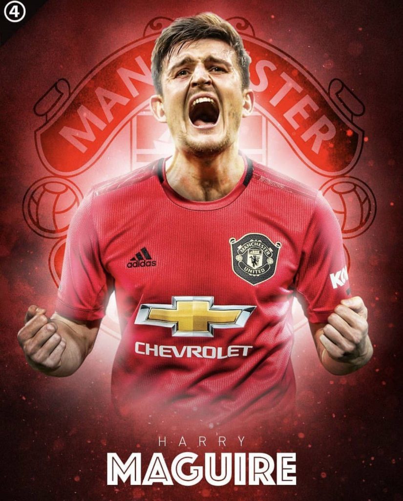 Harry Maguire Manchester United celebrating dynamic red kit digital sports wallpaper background