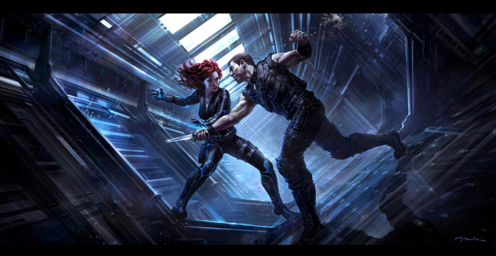 Futuristic Wallpaper: Hawkeye & Natasha in Intense Action Scene