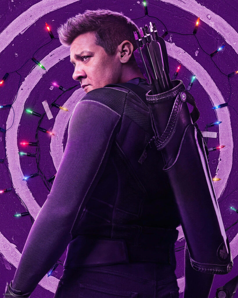 Dynamic Hawkeye Wallpaper: Striking Pose Against a Vibrant Purple Background