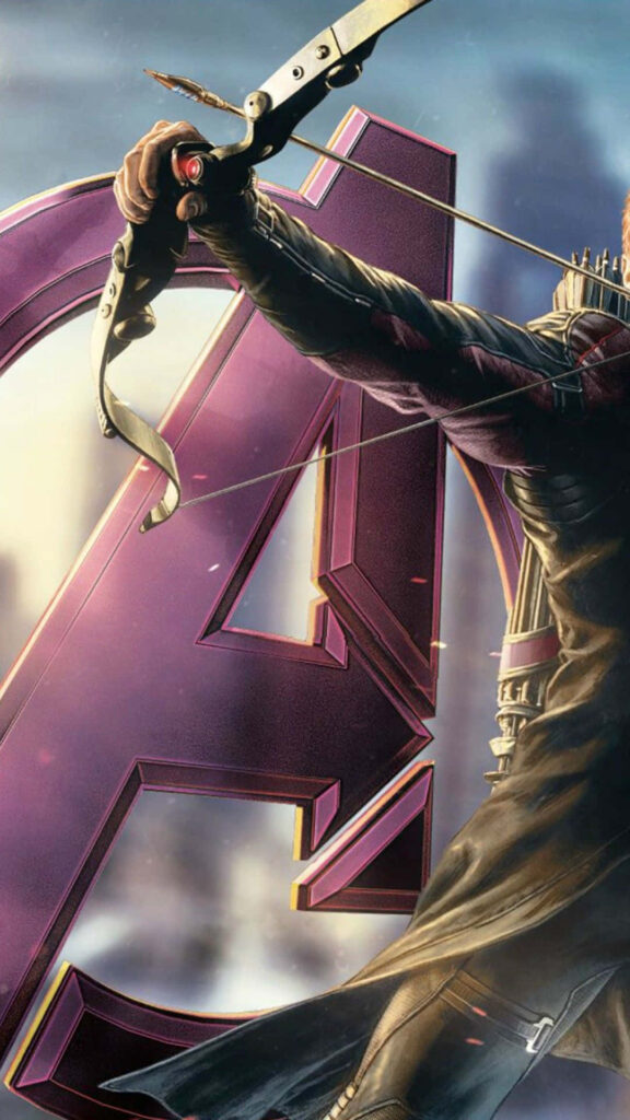 Hawkeye Wallpaper: Dynamic Action with Avengers Logo Background