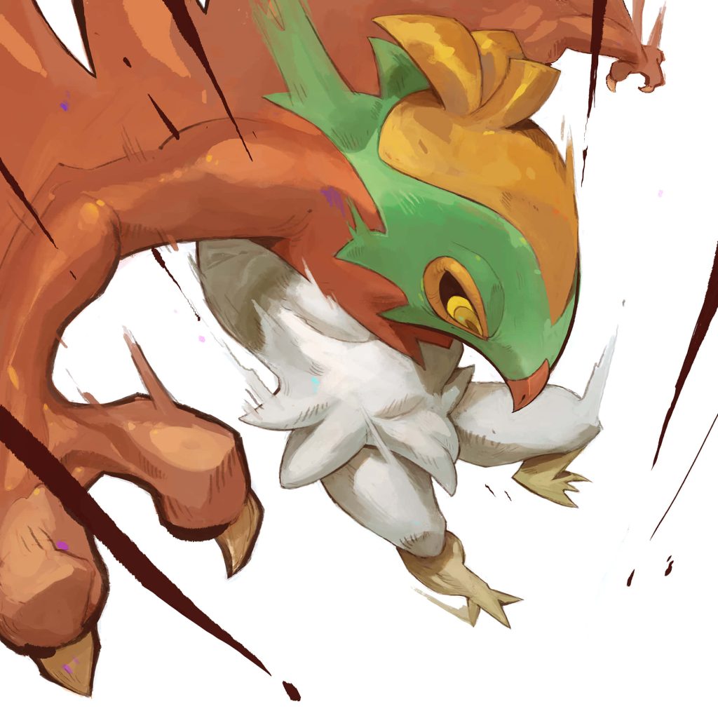 Dynamic Hawlucha Fighting-type Pokémon wallpaper with vibrant orange green and white plumage