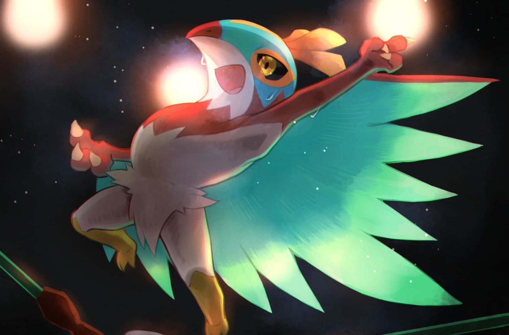 Hawlucha Pokémon in action vibrant wrestling bird with turquoise wings and stadium lighting wallpaper