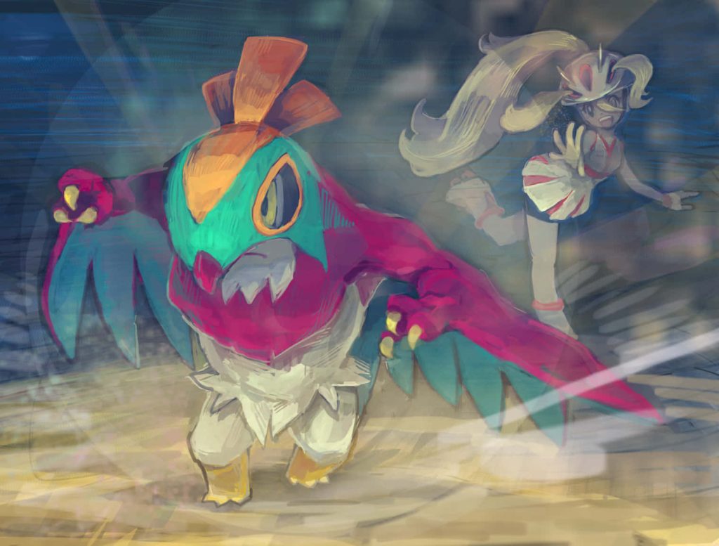 Vibrant digital wallpaper of wrestling Pokémon Hawlucha and Fighting Gym Leader Korrina action pose