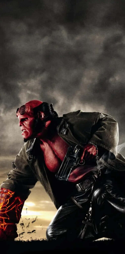 Dynamic Hellboy Action Wallpaper with Dramatic Cloudy Sky