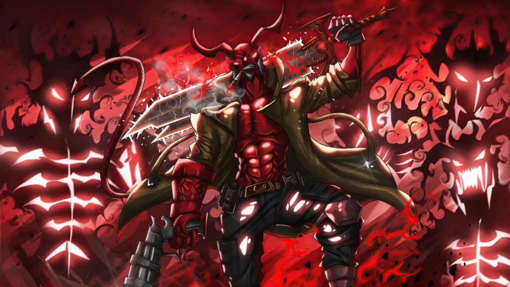 Dynamic Hellboy in Action: Intense Digital Artwork Wallpaper