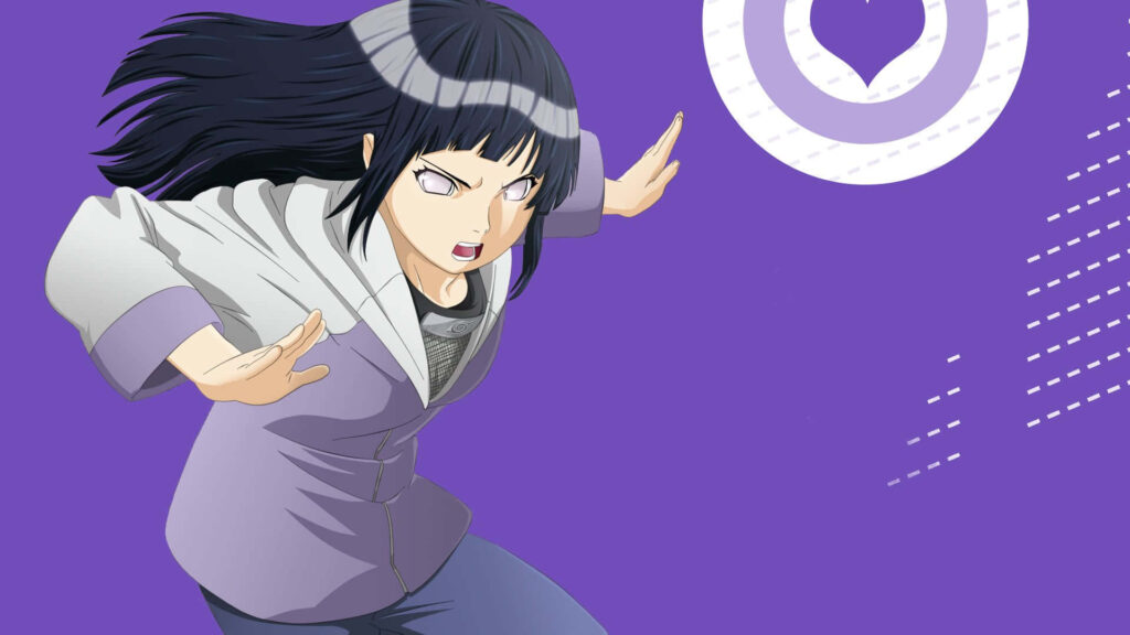 Dynamic Hinata Uzumaki Wallpaper: Focused Action Pose with Purple Background