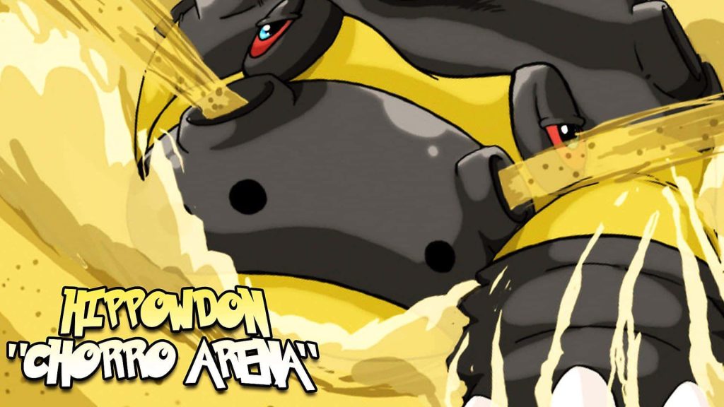 Close-up dynamic illustration of Hippowdon releasing sand stream Ground-type Pokémon wallpaper