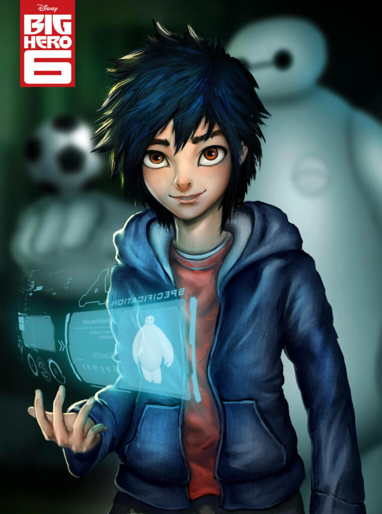 Dynamic Hiro Hamada Fanart Wallpaper with Baymax & Holographic Interface