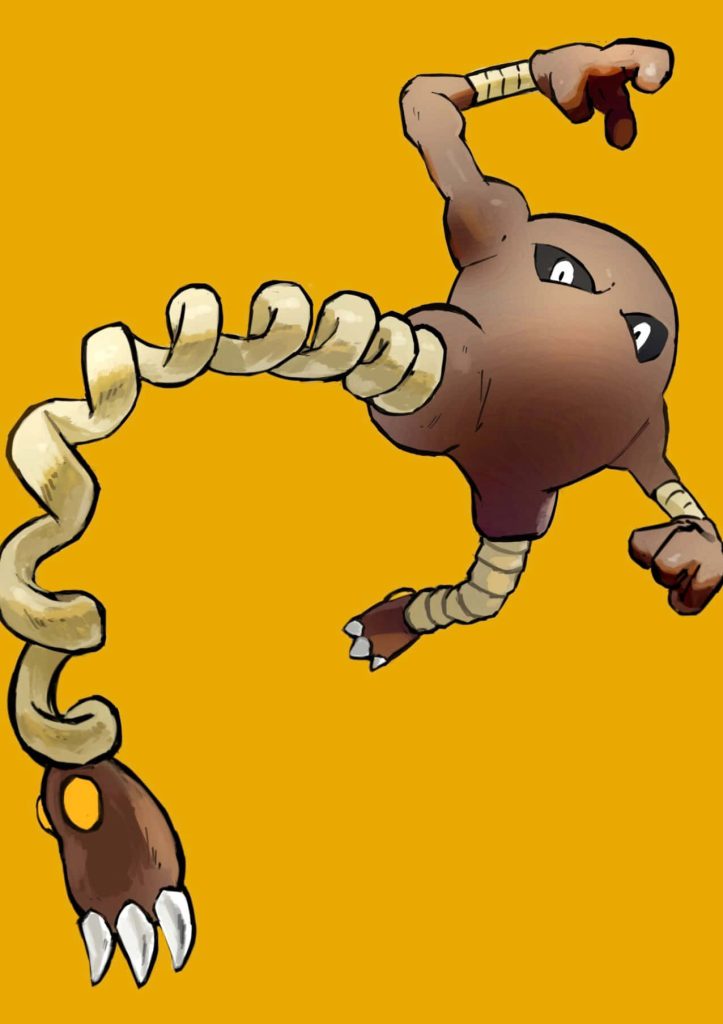 Hitmonlee mid-kick dynamic Fighting-type Pokémon digital art on vibrant yellow background wallpaper