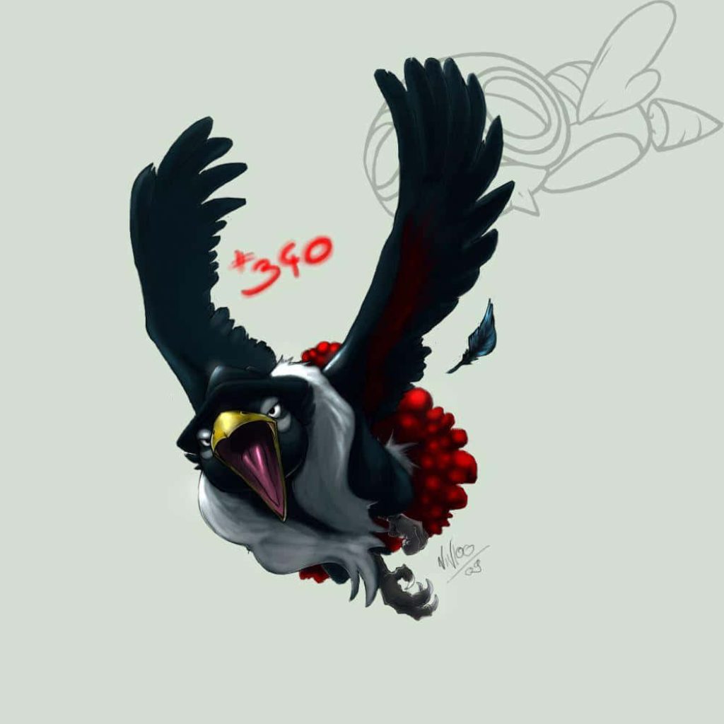 Dynamic Honchkrow fanart showing fierce Big Boss Pokémon in flight with black plumage and red crest Wallpaper