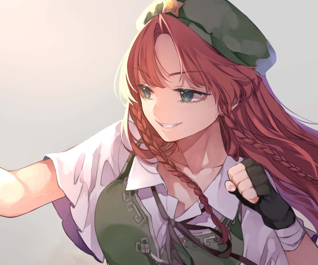 Hong Meiling Touhou Project wallpaper vibrant martial arts pose green beret anime art