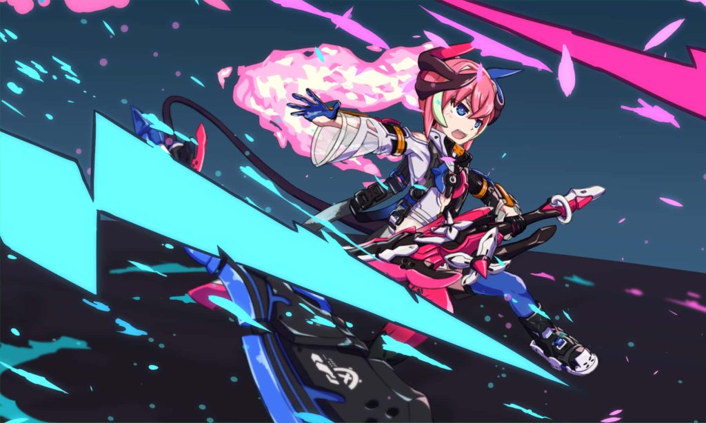 Rozaliya Olenyeva in Fervent Tempo battlesuit with teal energy slashes vibrant anime wallpaper