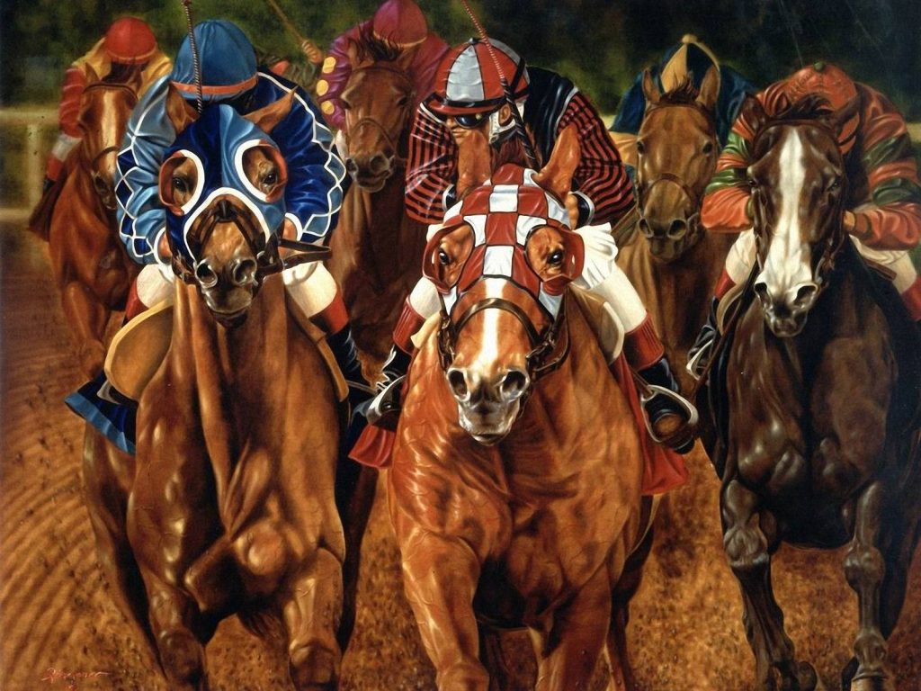 Dynamic horse racing painting with vibrant silks capturing galloping horses on dirt track Wallpaper