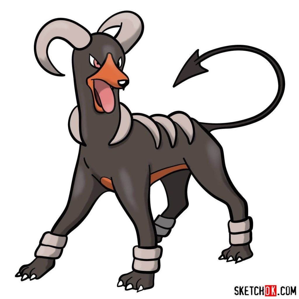 Dark Fire-type Pokémon Houndoom with curled horns bony plates and arrow tail on white background Wallpaper