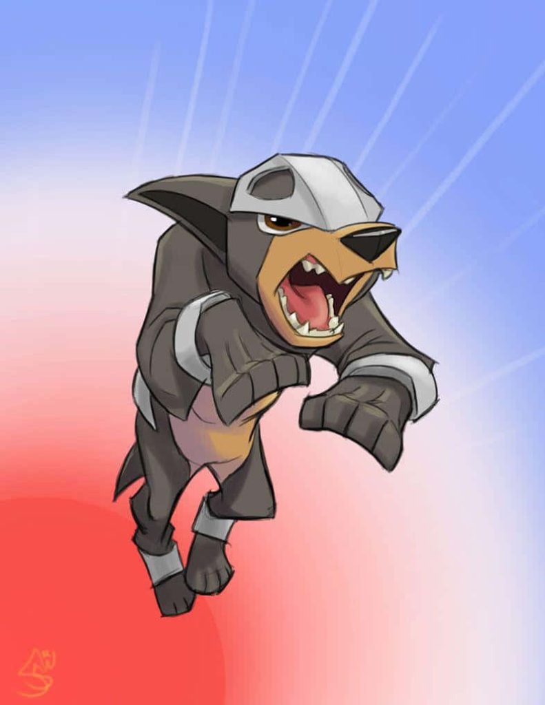 Dynamic cel-shaded Houndour mid-leap on vibrant red and blue gradient dark-type Pokémon wallpaper
