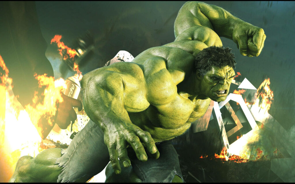 Hulk Action Wallpaper: Fiery Background of Power & Destruction