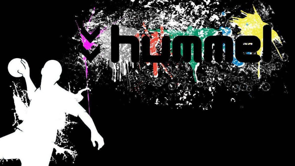 Dynamic Hummel handball player silhouette with vibrant paint splatters on black background wallpaper