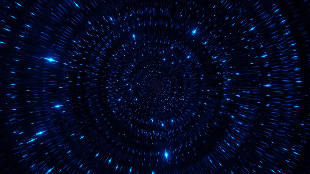 Dynamic hyperspace travel wallpaper with radiant blue stars on dark cosmic background.
