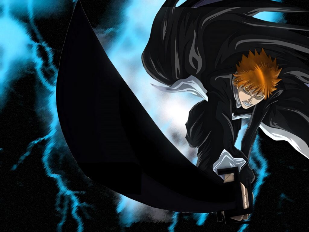Ichigo Bleach Dynamic Wallpaper: Black Outfit & Blue Lightning Background