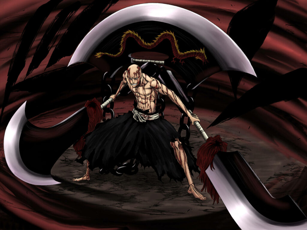 Ikkaku Madarame Dynamic Wallpaper: Intense Pose with Dual Weapons