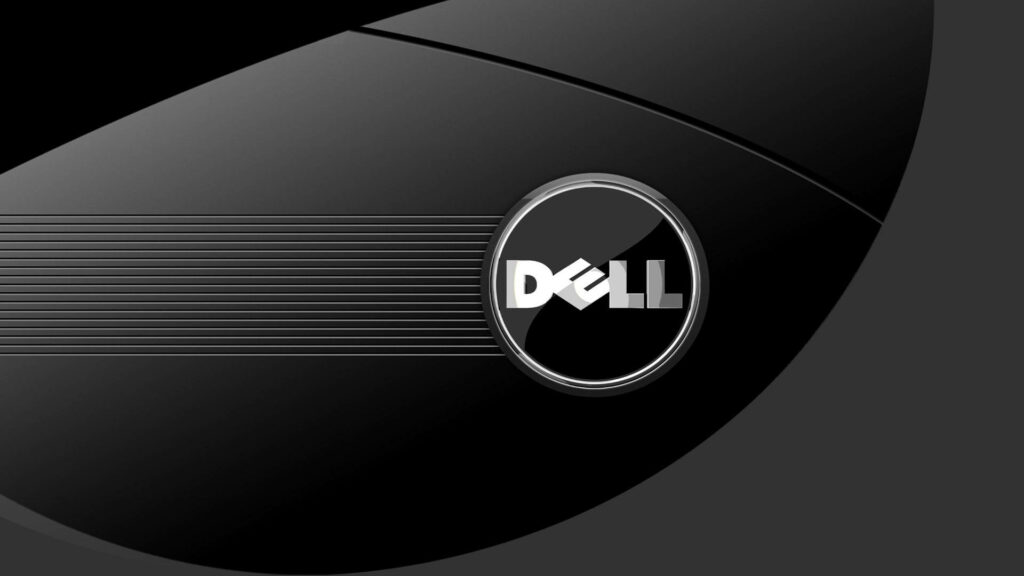 Dell Laptop Logo Surrounded by Dynamic Horizontal Lines on a Sleek Black Gradient Background Wallpaper