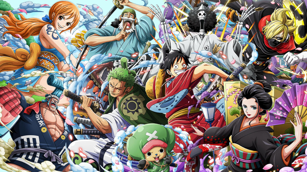 Dashing Anime Characters Unleashed in the One Piece Wano Arc - Mesmerizing Anime Background Snapshot Wallpaper
