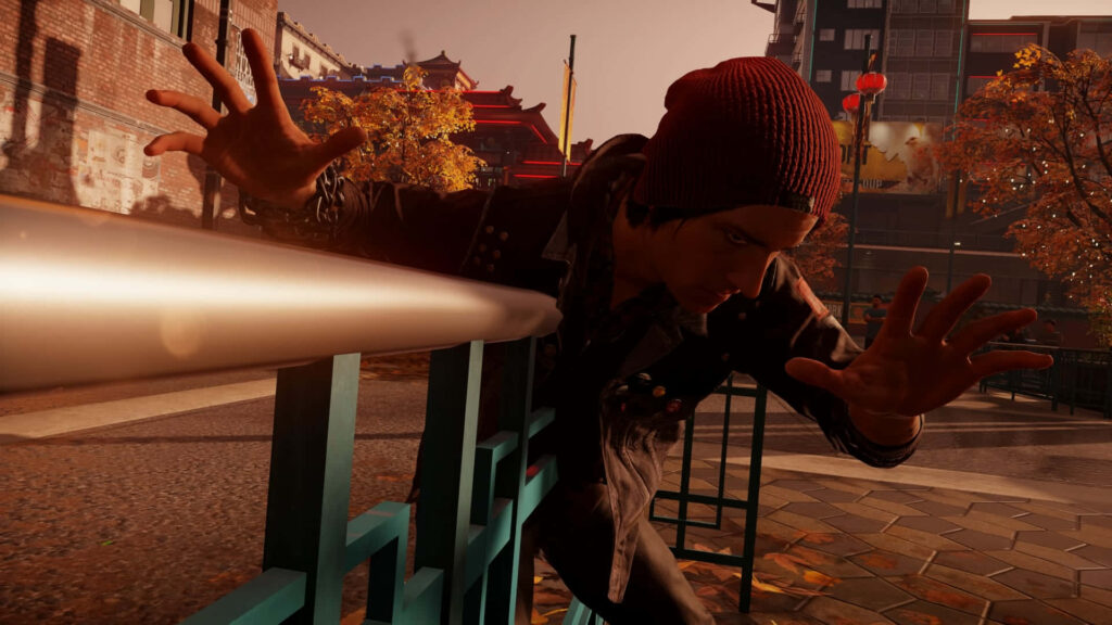 Dynamic Infamous Character Wallpaper: Agile Movement in Autumn Urban Scene
