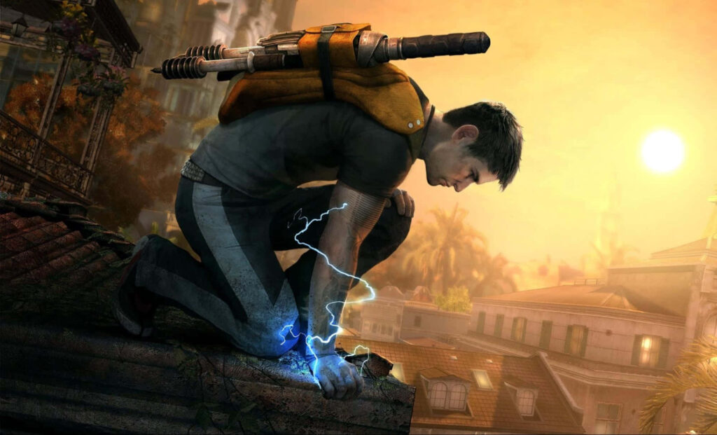 Infamous Game Wallpaper: Guy Kneeling with Energy on Rooftop Sunset