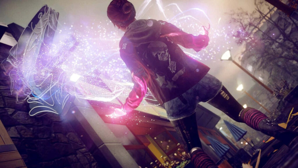 Vibrant *Infamous* Game Wallpaper: Neon Energy in Urban Scene