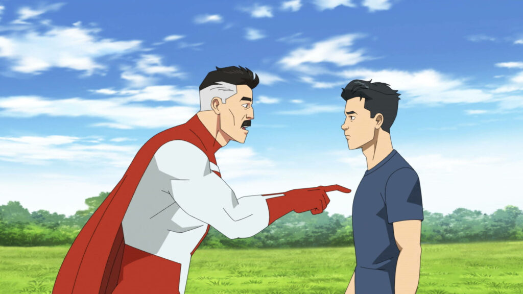 Dynamic Invincible Wallpaper: Mark & Omni-Man's Serious Outdoor Scene