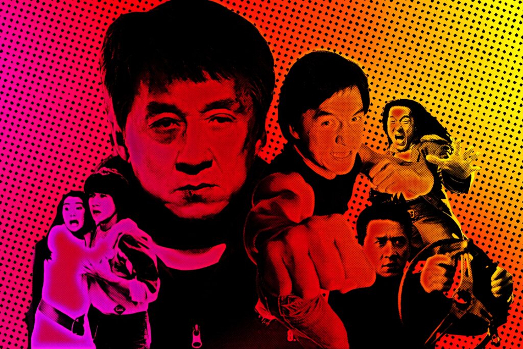 Jackie Chan collage wallpaper featuring dynamic martial arts action poses on colorful comic background