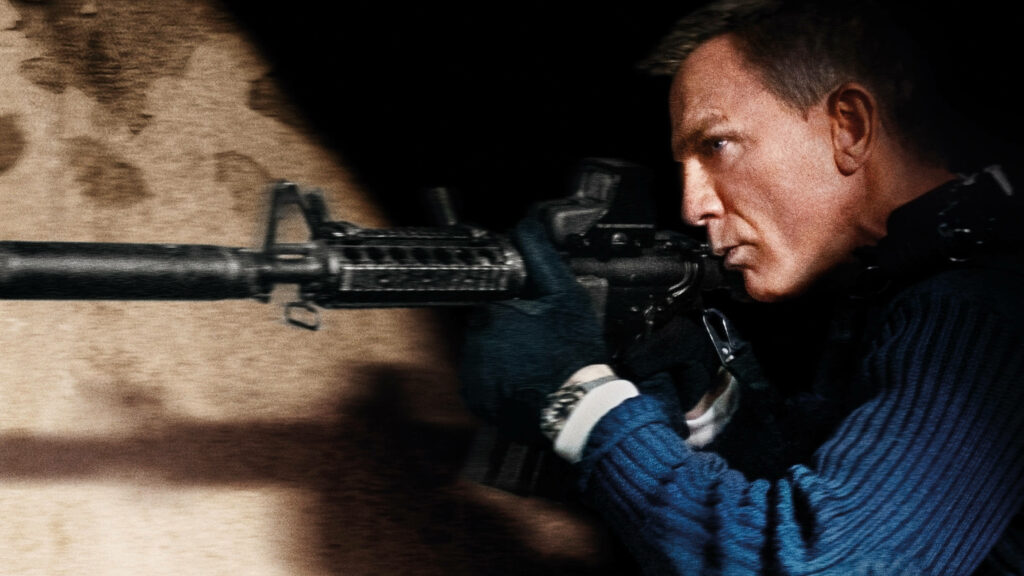 Dynamic No Time To Die Wallpaper: James Bond Aiming with Intensity